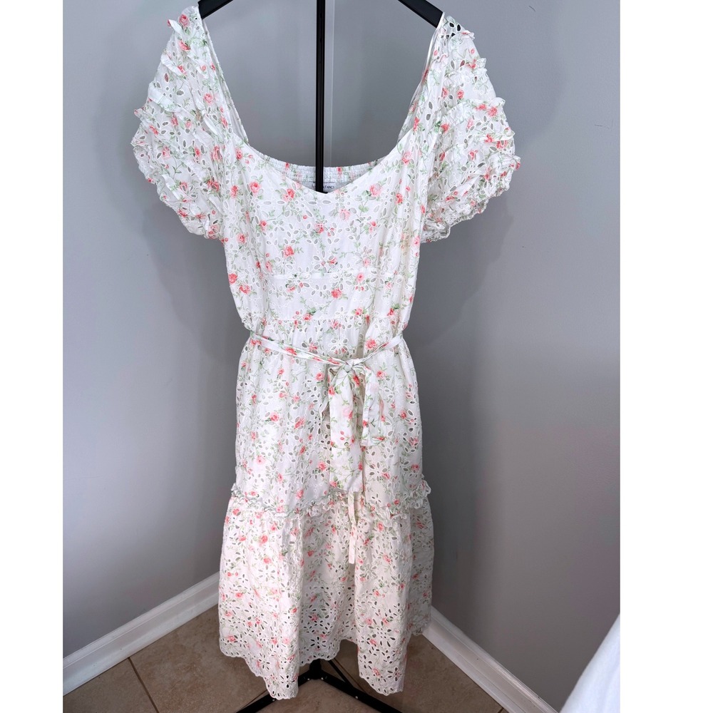 LoveShackFancy Maxi Dress Women18W White Floral Eyelet Smocked Boho Coastal Pink